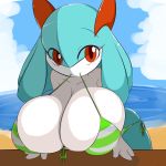  1:1 2019 3_fingers big_breasts bikini blush breasts clothing cloud female fingers hi_res huge_breasts humanoid kirlia leaning leaning_forward looking_at_viewer nintendo not_furry object_in_mouth outside pattern_clothing pok&eacute;mon pok&eacute;mon_(species) pseudo_hair red_eyes rui_(sugaru) shiny_pok&eacute;mon short_stack smile solo striped_clothing stripes sugaru swimwear video_games water white_body 