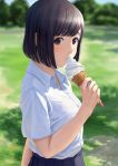  1girl arm_at_side bangs bare_arms black_hair blurry blurry_background blush bob_cut breasts brown_eyes collared_shirt day dress_shirt eating eyelashes food from_side highres holding holding_food ice_cream ice_cream_cone looking_at_viewer original outdoors papi_(papiron100) shirt short_hair short_sleeves skirt soft_serve solo striped swept_bangs upper_body white_shirt wrapper 