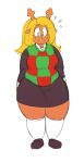  anthro antlers belly blonde_hair bodily_fluids bottomwear breasts brown_body brown_fur buckteeth capreoline cervid checkered checkered_clothing checkered_shirt checkered_topwear chubby_female clothed clothing deltarune female flying_sweatdrops footwear frown fully_clothed fur hair hi_res horn huwon looking_at_self looking_down mammal navel_outline noelle_holiday overweight overweight_anthro overweight_female pattern_clothing reindeer shirt shoes simple_background skirt slightly_chubby socks solo standing sweat sweatdrop teeth thick_thighs tight_clothing tight_shirt tight_topwear topwear undershirt vest video_games wide_hips 