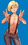  1girl ;q asymmetrical_hair blonde_hair blue_background blue_eyes breasts cessa cleavage collarbone commentary contrapposto denim english_commentary grey_pants highres jeans looking_at_viewer medium_breasts naughty_face navel no_bra one_eye_closed original pants pulled_by_self shirtless short_hair solo suspenders suspenders_pull tongue tongue_out 