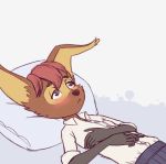  anthro blush clothing colored facial_tuft female flat_chested hair lstvz lying mammal pillow red_hair rodent sciurid shirt simple_background solo tama-tama topwear young 