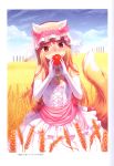  1girl 2017 absurdres animal_ears blue_sky breasts bridal_veil brown_hair closed_mouth cloud collarbone day dress elbow_gloves fang fang_out flower food fruit gloves hair_flower hair_ornament highres holding holding_food holding_fruit holo koume_keito layered_dress long_hair looking_at_viewer official_art outdoors red_apple red_flower scan shiny shiny_hair sky sleeveless sleeveless_dress small_breasts smile solo spice_and_wolf standing straight_hair strapless strapless_dress tail veil very_long_hair wedding_dress wheat_field white_dress white_gloves wolf_ears wolf_girl wolf_tail 