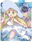  1girl 2019 absurdres alolan_form alolan_vulpix arm_up bag blonde_hair braid cosmog dress gen_7_pokemon green_eyes hat highres holding kneehighs leg_up legendary_pokemon lillie_(pokemon) long_hair open_mouth papion poke_ball pokemon pokemon_(creature) sleeveless sleeveless_dress smile sun_hat sundress twin_braids white_dress white_headwear white_legwear 