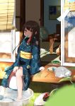  1girl architecture barefoot blue_kimono brown_hair bucket cat east_asian_architecture fan green_eyes highres hirotsuki japanese_clothes kimono long_hair obi open_door original outdoors print_kimono sash sitting sliding_doors soaking_feet summer tatami veranda wide_sleeves yukata 