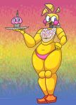  2020 animatronic anthro avian beak bib bird blush blush_stickers chicken clothing cupcake_(fnaf) digital_media_(artwork) english_text female five_nights_at_freddy&#039;s five_nights_at_freddy&#039;s_2 galliform gallus_(genus) gradient_background hand_on_hip hi_res legs_together looking_aside machine not_furry orange_feet panties phasianid pink_clothing pink_eyes pink_panties pink_underwear plate portrait qoolguyart robot simple_background smile solo tagme text toy_chica_(fnaf) underwear video_games wide_hips yellow_body 