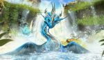  2020 blue_body blue_eyes blue_scales day detailed_background digital_media_(artwork) dragon eyelashes female feral happy hi_res looking_at_viewer outside partially_submerged scales sky telleryspyro water waterfall yellow_eyes 