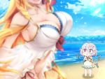  2girls :x antenna_hair beach blurry braid breast_envy breasts cleavage eyebrows_visible_through_hair flower full_body grey_hair hair_between_eyes hair_flower hair_ornament kokkoro_(princess_connect!) large_breasts long_hair looking_at_another multiple_girls navel ocean one-piece_swimsuit open_mouth orange_hair pecorine pink_eyes pointy_ears princess_connect! princess_connect!_re:dive short_hair single_braid swimsuit tears tyou_m_neko white_swimsuit 