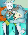  2020 4:5 anthro beastars blush bottomwear canid canine canis clothed clothing controller duo eden_fries fully_clothed fur game_controller grey_body grey_fur haru_(beastars) hi_res holding_controller holding_game_controller holding_object hoodie lagomorph legoshi_(beastars) leporid mammal rabbit shorts sitting topwear white_body white_fur wolf 