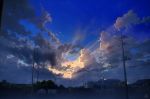  blue_sky cloud cloudy_sky commentary_request cumulonimbus_cloud house mocha_(cotton) no_humans original outdoors plant power_lines scenery sky sunlight sunset telephone_pole 