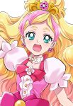  1girl :d bangs blonde_hair blue_eyes blush collarbone cure_flora earrings floating_hair go!_princess_precure highres jewelry long_hair looking_at_viewer multicolored_hair open_mouth parted_bangs pink_hair precure sharumon shiny shiny_hair short_sleeves smile solo tied_hair two-tone_hair upper_body very_long_hair white_sleeves 