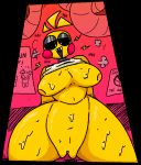  2020 animatronic anthro avian beakless bird blush blush_stickers bodily_fluids bottomless breasts chicken clothed clothing detailed_background digital_media_(artwork) english_text exposed_breasts female five_nights_at_freddy&#039;s five_nights_at_freddy&#039;s_2 galliform gallus_(genus) genitals hands_behind_back looking_at_viewer machine non-mammal_breasts open_mouth phasianid portrait pussy qoolguyart raised_clothing raised_shirt robot sharp_teeth smile solo sparks spread_legs spreading sweat tagme teeth text three-quarter_portrait toy_chica_(fnaf) triangle_mouth video_games white_clothing white_eyes yellow_body 