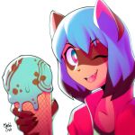  1:1 2020 anthro blue_hair brand_new_animal canid canine clothed clothing dessert facial_markings female food hair head_markings hi_res holding_food holding_object ice_cream looking_at_viewer mammal marblesoda markings mask_(marking) michiru_kagemori multicolored_eyes one_eye_closed open_mouth open_smile raccoon_dog short_hair signature simple_background smile solo studio_trigger tanuki white_background wink 