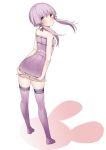  1girl akahara_tyun bangs blush breasts brown_eyes dress floating_hair full_body grey_ribbon hair_between_eyes leaning_forward long_hair looking_at_viewer looking_back low_twintails purple_dress purple_hair purple_legwear purple_ribbon rei_no_himo ribbon shiny shiny_hair short_dress simple_background sleeveless sleeveless_dress small_breasts solo standing strapless strapless_dress thighhighs tube_dress twintails voiceroid white_background yuzuki_yukari zettai_ryouiki 