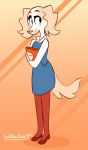  aggressive_retsuko anthro blush canid canine canis clothing domestic_dog female formal formal_wear fur hi_res holding_object inui_(aggressive_retsuko) long_ears long_tail luchizz_scary mammal sanrio simple_background solo tan_body tan_fur uniform watermark 