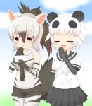  2girls :o aardwolf_(kemono_friends) animal_ears bangs bare_shoulders black_gloves black_hair black_legwear black_sailor_collar black_shorts black_skirt blush breasts closed_eyes collared_shirt commentary_request day drooling elbow_gloves eyebrows_visible_through_hair giant_panda_(kemono_friends) gloves gradient_hair hair_between_eyes hands_up highres holding kemono_friends legwear_under_shorts multicolored_hair multiple_girls neckerchief open_mouth outdoors panda_ears pantyhose parted_lips pleated_skirt ponytail sailor_collar saliva school_uniform serafuku shin01571 shirt short_hair short_shorts short_sleeves shorts skirt sleeveless sleeveless_shirt small_breasts striped striped_gloves tail tears white_gloves white_hair white_legwear white_neckwear white_shirt wolf_ears wolf_girl wolf_tail 