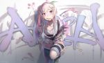  1girl airani_iofifteen asymmetrical_legwear biittertaste graffiti hair_ornament hairband highres hololive hololive_indonesia jacket long_hair mouth_hold off_shoulder paint paintbrush pink_eyes pink_hair shorts virtual_youtuber 