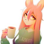  1:1 2020 absurd_res anthro beverage brand_new_animal canid canine clothed clothing coffee cup english_text female fox hair hi_res holding_cup holding_object long_hair looking_at_viewer mammal marblesoda nazuna_hiwatashi pink_hair signature simple_background solo studio_trigger sweater text text_on_clothing text_on_topwear topwear white_background 