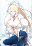  1girl ahoge animal_ears artoria_pendragon_(all) artoria_pendragon_(swimsuit_ruler)_(fate) bangs bare_shoulders blonde_hair blue_legwear blue_neckwear braid breasts bunny_ears bunny_tail bunnysuit cleavage detached_collar fate/grand_order fate_(series) feather_boa fishnet_legwear fishnets french_braid green_eyes hair_between_eyes highleg highleg_leotard highres holster large_breasts leotard long_hair looking_at_viewer navel navel_cutout necktie nogi_(acclima) open_mouth ponytail sidelocks sitting tail thigh_strap thighs tiara white_leotard wrist_cuffs 