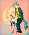  2020 abstract_background anthro beastars blush bottomwear canid canine canis cheek_tuft clothed clothing collar duo ear_piercing ear_ring eden_fries facial_tuft female footwear fully_clothed fur grey_body grey_fur haru_(beastars) hi_res holding_leash holding_object hotpants lagomorph leash legoshi_(beastars) leporid male mammal midriff piercing rabbit shoes shorts standing tuft white_body white_fur wolf 