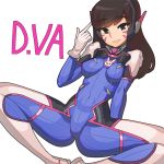  1girl balbo bodysuit brown_eyes brown_hair character_name covered_navel covered_nipples d.va_(overwatch) eyebrows_visible_through_hair facial_mark gloves headphones long_hair overwatch parted_lips simple_background smile solo spread_legs whisker_markings white_background white_gloves 