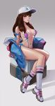  1girl bangs baseball_cap big_axxxe blue_jacket box breasts brown_eyes brown_hair commentary d.va_(overwatch) english_commentary full_body grey_background hat hood hood_down hooded_jacket jacket lips long_legs looking_at_viewer loot_box medium_breasts navel nose off-shoulder_jacket on_box open_clothes open_jacket outline overwatch pink_swimsuit shoes sitting slingshot_swimsuit sneakers socks spaghetti_strap swimsuit whisker_markings white_footwear white_headwear white_legwear 