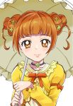  1girl bangs brown_eyes brown_hair closed_mouth clover_hair_ornament collarbone dokidoki!_precure double_bun hair_ornament highres holding holding_umbrella jewelry long_sleeves looking_at_viewer neck_ribbon necklace orange_ribbon precure ribbon sharumon shiny shiny_hair shirt short_hair smile solo tied_hair umbrella upper_body yellow_shirt yotsuba_alice 