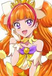  1girl :d bangs blush bow collarbone cure_twinkle dress earrings gloves go!_princess_precure hair_bow hair_intakes highlights highres jewelry long_hair looking_at_viewer multicolored_hair open_mouth orange_hair precure purple_bow purple_eyes red_hair sharumon shiny shiny_hair simple_background smile solo star_(symbol) star_earrings strapless strapless_dress upper_body very_long_hair white_background white_bow white_gloves yellow_dress 