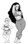  2girls abs arm_up barefoot bike_shorts breasts bulge cameltoe cleavage commentary contemporary curly_hair dark_skin english_commentary fang female_goblin female_orc full_body goblin greyscale hands_on_hips headband height_difference highres large_breasts lips long_hair long_pointy_ears monochrome multiple_girls muscle muscular_female orc orcbarbies original pants pointy_ears short_hair sports_bra standing thick_eyebrows thigh_gap toes tusks undercut very_long_hair very_short_hair yoga_pants 