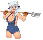  1girl animal_ears areola_slip areolae bell blue_eyes blush_stickers borrowed_character braid breasts brown_gloves cessa cleavage commentary covered_nipples cow_ears cow_girl cow_horns cowboy_shot cropped_legs english_commentary gloves grey_hair hair_over_shoulder highres horns jewelry jingle_bell large_breasts long_braid looking_at_viewer naked_overalls nandi_raktasari_(prafa-ar) no_bra open_mouth original overall_shorts overalls pendant pitchfork sideboob single_braid smile solo upper_teeth 