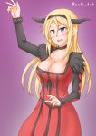  1girl anti_(untea9) black_hairband blonde_hair blue_eyes breasts choker cleavage commentary_request cosplay cowboy_shot dress fake_horns fur_trim gradient gradient_background hairband highres horns kantai_collection large_breasts long_sleeves maou_(maoyuu) maou_(maoyuu)_(cosplay) maoyuu_maou_yuusha nelson_(kantai_collection) purple_background red_dress solo twitter_username 