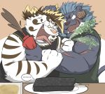  2020 absurd_res angry anthro clothing duo eyewear felid food glasses hi_res hon55728 kemono licho_(tas) male mammal pantherine scar shirt tiger tokyo_afterschool_summoners topwear video_games 