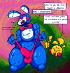 2020 animatronic anthro avian balls beakless bird blue_body blush blush_stickers bodily_fluids bow_tie buckteeth bulge chicken clothed clothing clothing_lift cock_bulge dialogue dialogue_box digital_media_(artwork) disembodied_hand english_text eyes_closed female five_nights_at_freddy&#039;s five_nights_at_freddy&#039;s_2 galliform gallus_(genus) genitals gesture green_eyes lagomorph leporid looking_away machine male mammal not_furry open_mouth panties phasianid portrait purple_eyelids qoolguyart rabbit robot sharp_teeth smile solo sweat tagme teeth text three-quarter_portrait thumbs_up toy_bonnie_(fnaf) toy_chica_(fnaf) underwear video_games yellow_body 