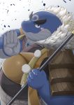  2020 anthro belly blue_body blush clothed clothing hi_res jinku_56 kemono male marine overweight overweight_anthro overweight_male solo tamakore weapon 