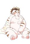  2020 anthro balls belly blush felid flaccid fur genitals kemono lantu_(artist) licho_(tas) male mammal moobs nipples overweight overweight_anthro overweight_male pantherine penis simple_background solo tiger tokyo_afterschool_summoners video_games white_background white_body white_fur 