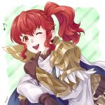  1girl anna_(fire_emblem) finger_to_chin fire_emblem fire_emblem_heroes ichii_k looking_at_viewer musical_note one_eye_closed open_mouth red_eyes red_hair side_ponytail smile solo 