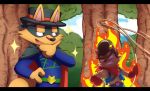  absurd_res angry_face anthro beat_(kaiketsu_zorori) black_bars canid canine duo fire fox hi_res kaiketsu_zorori lasso letterbox mammal messer-aramis smug_grin zorori 