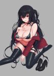  1girl azur_lane bangs bare_shoulders bikini black_bikini black_choker black_footwear black_hair black_legwear breasts choker cleavage closed_mouth crossed_bangs footwear_removed grey_background hair_between_eyes hand_on_own_chest high_heels highres huge_breasts jacket large_breasts long_hair looking_at_viewer off-shoulder_jacket race_queen red_eyes red_jacket simple_background sitting smile solo sum_ku swimsuit taihou_(azur_lane) taihou_(enraptured_companion)_(azur_lane) very_long_hair 