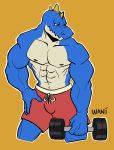  absurd_res anthro blue_body bottomwear bulge clothed clothing crocodile crocodilian crocodylid exercise hi_res male muscular muscular_anthro nipples pecs reptile scalie shorts simple_background solo topless topless_male wani_panic weights workout 