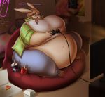  anthro artisipancake bean_bag bedroom belly beverage big_belly big_breasts breasts controller female food fries game_controller huge_breasts hyper hyper_belly lagomorph leporid mammal morbidly_obese morbidly_obese_anthro morbidly_obese_female navel obese obese_anthro obese_female overweight overweight_anthro overweight_female pizza rabbit solo thick_thighs 
