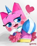  &lt;3 anus blue_eyes bodily_fluids clothing fangs female feral genital_fluids genitals half-closed_eyes kogarasumaru24 lego looking_back narrowed_eyes open_mouth open_smile pom_poms presenting pussy pussy_juice simple_background smile solo the_lego_movie tongue tongue_out unikitty unikitty! 