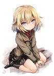  1girl bangs black_footwear black_legwear black_skirt blonde_hair blue_eyes closed_mouth commentary eyebrows_visible_through_hair fang girls_und_panzer green_jacket harino646 insignia jacket katyusha_(girls_und_panzer) light_blush light_frown long_sleeves looking_at_viewer miniskirt pleated_skirt pravda_school_uniform red_shirt school_uniform shirt shoes short_hair simple_background sitting skirt socks solo squatting turtleneck wariza white_background 