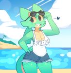  &lt;3 2020 anthro beach bottomwear breasts cleavage clothed clothing cloud countershade_tail countershade_torso countershading cutoffs denim denim_clothing dragon english_text eyelashes eyewear eyewear_on_head female green_body green_scales hand_on_hip hi_res kiwihermit looking_aside marilin_(kiwihermit) membrane_(anatomy) membranous_wings non-mammal_breasts open_mouth open_smile outside portrait purple_eyes sand scales scalie sea seaside shirt shorts sky smile solo standing sunglasses sunglasses_on_head tank_top text three-quarter_portrait topwear water wings yellow_sclera 