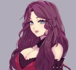  1girl blue_eyes breasts brown_hair cleavage closed_mouth dorothea_arnault fire_emblem fire_emblem:_three_houses grey_background knifewaifu long_hair simple_background solo upper_body 