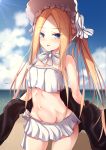  1girl abigail_williams_(fate/grand_order) abigail_williams_(swimsuit_foreigner)_(fate) bangs bare_shoulders bikini black_jacket blonde_hair blue_eyes blurry blurry_background bonnet bow commentary_request cowboy_shot day depth_of_field eyebrows_visible_through_hair fate/grand_order fate_(series) forehead groin hair_bow highres horizon jacket kashiwagi_yamine long_hair looking_at_viewer navel ocean outdoors parted_bangs parted_lips smile solo strapless strapless_bikini striped striped_bow swimsuit twintails very_long_hair water white_bikini white_bow white_headwear 