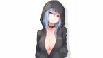  breasts cleavage hoodie kuroi_(liar-player) open_shirt signed tagme_(character) white 