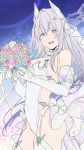  1girl bangs bare_shoulders blue_eyes blue_flower bouquet breasts elbow_gloves eyebrows_visible_through_hair flower garter_straps gloves grey_hair groin hair_between_eyes headgear highres holding holding_bouquet leotard long_hair looking_at_viewer medium_breasts myo_ne open_mouth original pink_flower pink_rose rose see-through sideboob solo standing thighhighs very_long_hair white_gloves white_legwear white_leotard 
