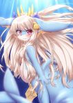  2020 anthro blonde_hair blue_body blush breasts clothed clothing female fin hair hi_res horokusa0519 hybrid looking_at_viewer marine merfolk pink_eyes solo topless underwater water white_body 