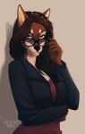  absurd_res anthro black_hair blue_eyes canid canine canis clothing eyewear female glasses hair hi_res jacket mammal morvern occultistruth solo topwear wolf 