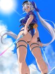  1girl absurdres ass bangs blue_bow blue_jacket bow breasts dual_wielding energy_sword fate/grand_order fate_(series) feet_out_of_frame food food_in_mouth hair_between_eyes hair_bow head_mounted_display headset highleg highleg_swimsuit highres holding holding_sword holding_weapon jacket kneepits large_breasts logo long_hair looking_at_viewer microphone one-piece_swimsuit outdoors ponytail popsicle pretty-purin720 red_eyes short_sleeves sideboob silver_hair skindentation sun sunlight swimsuit sword thigh_strap thighs tomoe_gozen_(fate/grand_order) tomoe_gozen_(swimsuit_saber)_(fate) twisted_torso two-tone_swimsuit weapon wristband 