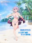  1girl :d bare_legs barefoot beach bikini breasts cleavage day eyebrows_visible_through_hair full_body highres iron_saga large_breasts navel official_art open_mouth outdoors outstretched_arms pink_eyes pink_hair sakamoto_masaru shinjou_akane smile solo ssss.gridman standing standing_on_one_leg swimsuit unaligned_breasts white_bikini 